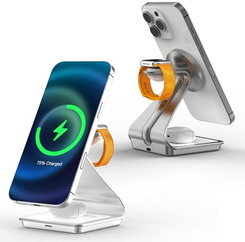 3 in 1 Mag-Safe Magnetic Wireless Charging Station, 15W Fast Aluminum Alloy Wireless Charger Stand, for iPhone 16/15/14/13/12, for Apple Watch 8/7/6/5/4/3/2/SE, 3/2/Pro(Silver)