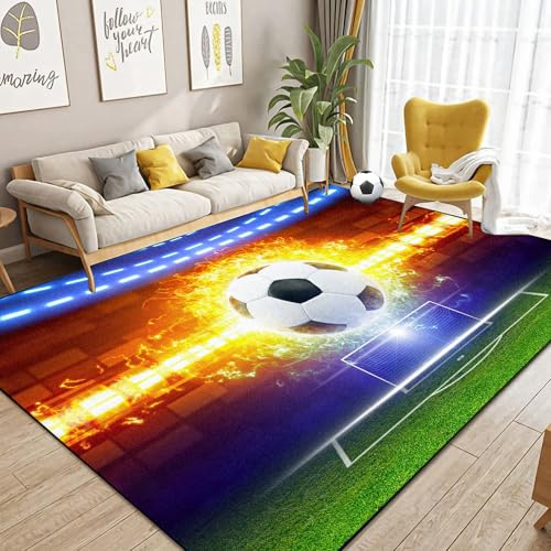 Dai Lufei Fussball Teppich FußBall, Sportbereich rutschfest Fußballplatz Teppich Eisfeuer Fußball Bedruckt Großflächige Teppiche Jugendzimmer 3D Fußball Mit Flammen Bedruckten Teppichen, 140x200cm