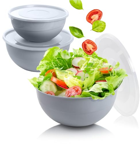 EDANTI Salatschüssel Set groß mit Deckel 3 Schalen 2-5L Kunststoff Schüsselset Servierschalen ideal zum Mischen und Servieren Schale (Grau)