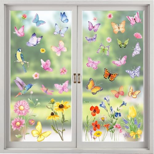 Fensterbilder Frühling, 8 Blatt Fenstersticker Frühling, Fensterbilder Blumen Schmetterlinge, Osterbilder Fenster Selbstklebend, Doppelseitige & Wiederverwendbar Fensteraufkleber für Glas, Vitrinen