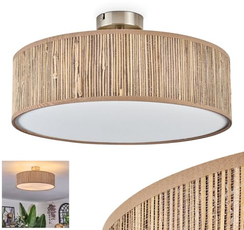 HOFSTEIN Deckenleuchte Foggia, Deckenlampe aus Metall/Binsenstroh/Stoff//Kunststoff in Nickel-matt/Natur/Beige/Weiß, runde Boho Leuchte (Ø 40 cm), E27, Esszimmer, Wohnzimmer, Schlafzimmer, Küche