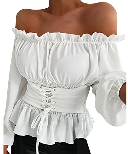 PODOLIXIA Retro Bluse Damen Elegant Langarm Baumwolle Gothic Kleidung Damen Tops für Damen Schulterfrei Rüschen Langarmshirts mit Schnüren Off-Shoulder Blusen & Tuniken für Damen Viktorianisch Kostüm