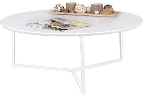 Table basse design en bois MDF blanc mat avec structure en métal Ø 80 cm | Table de salon laquée moderne | Table basse ronde