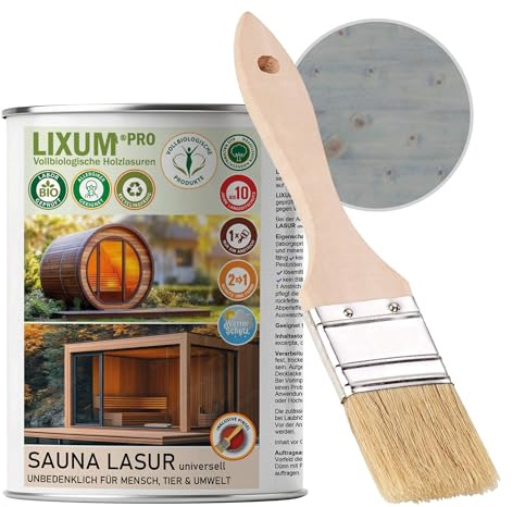 LIXUM PRO 100% biologische & natürliche BIO Sauna & Fasssauna Holzlasur - Holzschutz & Holzpflege, Farbe: Grau 0.80, Inhalt:1000 ml (ca.30m²)