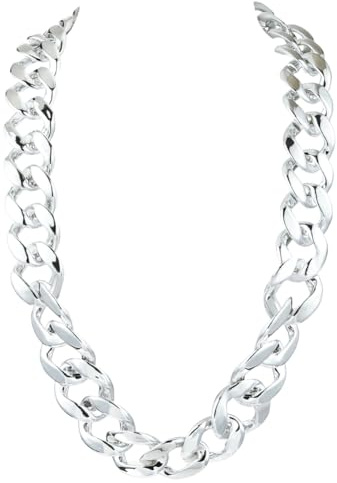 SOFPLATE Hip Hop Kette Silber Halskette Herren Kunststoff 70cm Kubanischen 90er 80er Gliedern Künstlich Klobige Dick Groß Jahre Punk Stil Panzerkette Rapper Kostüm Umschlaghalsk