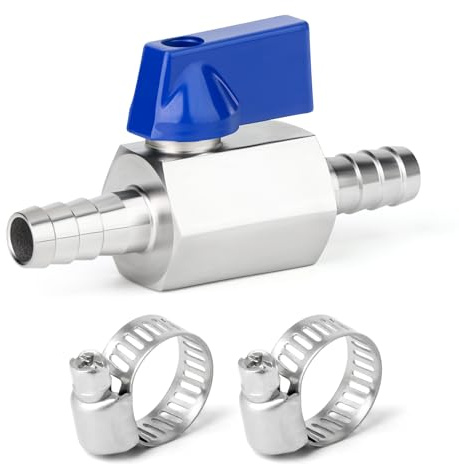 ERGAOBOY 1Pcs SS304 10mm Barb Mini Ball Valve with 2Pcs Hose Clamps | Dual barbed stem ports, lever handle shutoff, tight mechanical seal, suitable for fluid pipeline connection