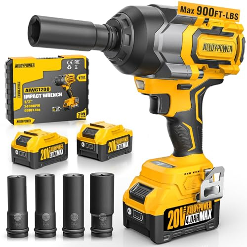 Cordless Impact Wrench, 900Ft-lbs (1200N.m) 1/2 Brushless Impact Gun, 20V High Torque Power Impact Driver, 2x4.0Ah Batteries,Brushless Motor 2400 RPM Variable Speeds for Family Car/Pickup Truck/Mower