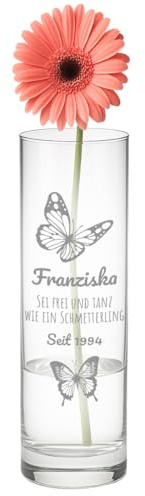 polar-effekt Glas Blumenvase für Tulpen mit Schmetterling Gravur - Personalisierte Glasvase für Frauen - Geschenk-Idee zum Geburtstag - Vase für Tulpen & Rosen
