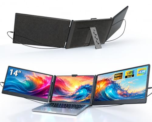 Ygretyrjh Extensor de pantalla para laptop, monitor portátil triple de 14 pulgadas para laptop, 1080P FHD IPS monitores para 13-17 pulgadas, monitor de viaje para Mac/Windows/Chrome, altavoces
