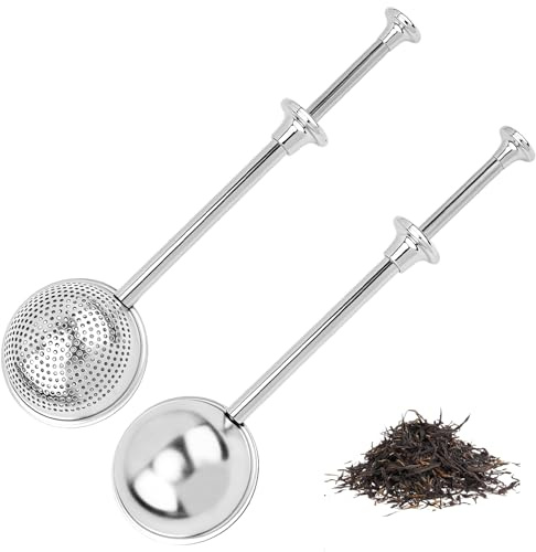 Steel Tea Infuser, 2 Pcs, Loose Tea, Press Strainer, Double Mesh, Long Handle, Includes Full, Half Hole Filters, Ideal Tea Lovers