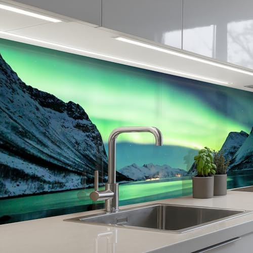 KitchenYeah© Crédence Adhésive Résistant À La Chaleur Protection Mur | 60x250 cm - Cuisine Panneaux Muraux Adhesif Panneau Decoratif Interieur Aurore boréale - Norvège - Glace - Jaune - Montagne