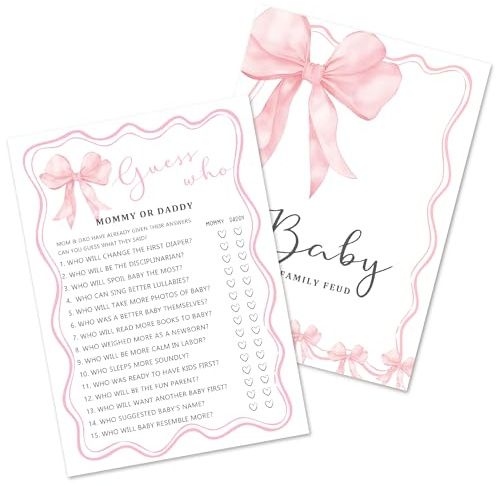 Kaderas Baby Shower Game Cards for 25 Guests, Guess Who Mummy or Daddy, Pink Bow Design