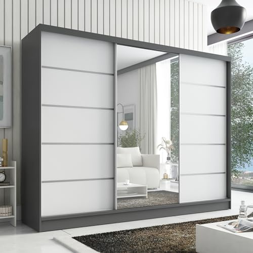 A&J MöbelLand Schwebetürenschrank ARIVA 1 Kleiderschrank 3-türig mit Schubladen und Spiegel Garderobenschrank 200 cm (Graphit/Weiß)