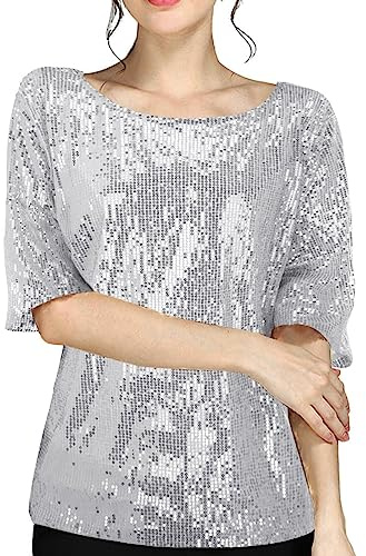 Glitzer Oberteile Damen, Pailletten Oberteil Elegant Party Bluse Shirt Kurz Casual Silvester Festliches Outfit Tunika Rundhals Ausschnitt Festlich Streetwear Sexy Große Größen