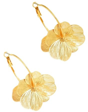 Chic Gold-Tone Pansy Flower Hoop Earrings Textured Petal Statement Dangle Hoops Retro Floral Design Lightweight Jewelry for Women