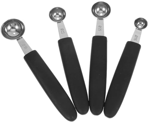 Cucchiaio per Palline Frutta 4 Pezzi, Acciaio Inox Nero, 15-30mm | Set Multiuso Semplice e Pratico, per Gelato e Anguria, Pulizia Facile, 15 22 25 30mm