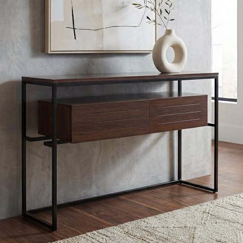 Mendler Konsolentisch HWC-P46, Metall MDF 80x120x40cm - Walnuss-Optik | Telefontisch, Beistelltisch, Ablagetisch, Schublade, Melamin