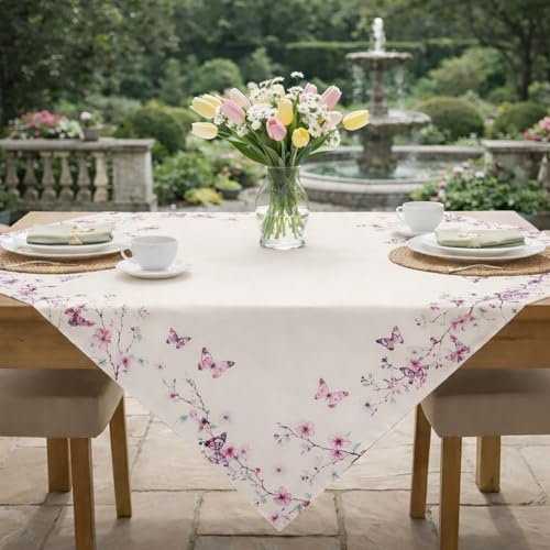 KAMACA Tischdecke Mitteldecke 80x80 cm mit Blütenzweigen & Schmetterlingen – Florales Design für Frühling & Sommer, Pflegeleichte Polyester-Tischdecke für Esszimmer, Balkon & Garten