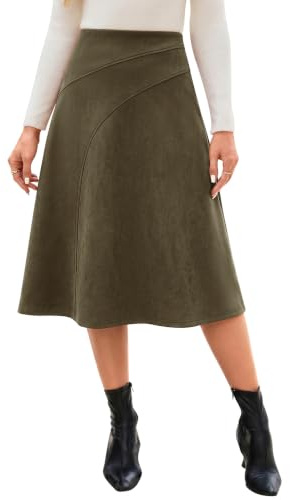 Fashora Jupes Femme Mi Longue Hiver Simili Cuir Daim | Taille Haute, A-ligne, Extensible, Fermeture Éclair, Faux Daim, Chic et Elegant, Printemps, Automne, Hiver