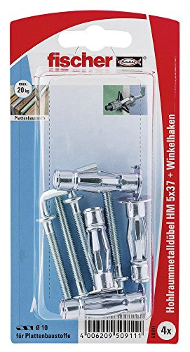 Fischer Hohlraum-Metalldübel HM 5 x 37 HK SB-Karte, 4 x Winkelhaken mit Bund M 5 x 60, 050911