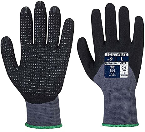 Portwest A353 Grip 15 Nitrile Sandy 3/4 Palm Dotted Glove Cut Resistant | Grey/Black, Medium, EN ISO 21420 Dexterity 5, OEKO-TEX STANDARD 100, EN 388, 45% Nylon, Additional Stretch, Construction