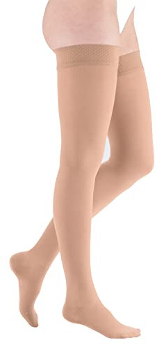 medi mediven comfort Oberschenkellange Kompressionsstrümpfe mit Spitze Unisex - Besonders weiche Stützstrümpfe CCL2 mit Muster-Noppenhaftband für Damen und Herren - Caramel - Größe II