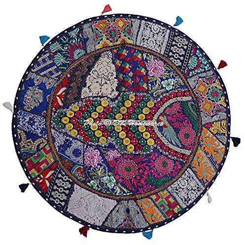 DK Homewares Indisch Baumwolle bodenkissenbezug 80x80 Sitzkissen Boden Rund Bohemien Dunkelblau Patchwork Gestickt Wohnkultur Rund Jahrgang Orientalische Bodenkissen - 32x32 Inch