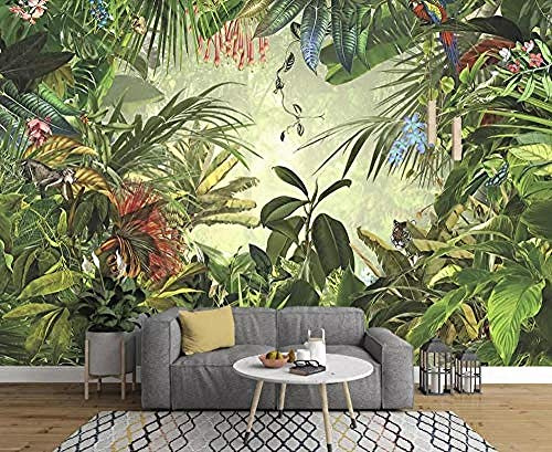 Tapete 3D Wand Tropischer Dschungel Bananen Tiger Papagei Handgezeichnete Vintage Wandbild Tapete Moderne Wandtapete fototapete 3d Tapete effekt Vlies wandbild Schlafzimmer-430cm×300cm