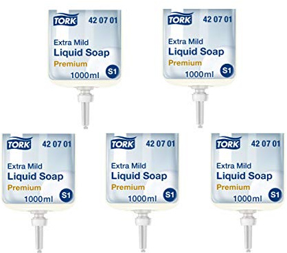 Tork 420701 extra milde Flüssigseife Premium für Tork S1 Seifenspendersysteme/Extra milde Handseife in Weiß mit sanften Inhaltsstoffen für empfindliche Haut / 1 x 1000ml (5)