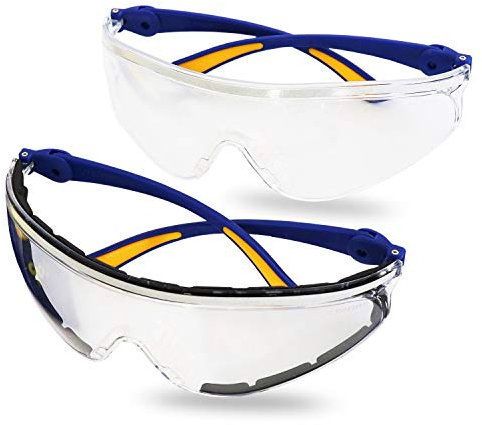 S&R Schutzbrillen Set, 2 bequeme Sicherheitsbrillen, COMFORT-Line, kratzfestes Polycarbonat, stoßfest, EN 166, verstellbare Bügel, transparent, EN 166, UV 400 Schutz, Schutzhülle, Tuch