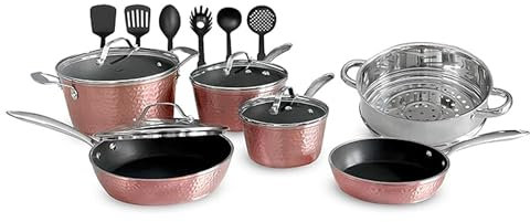 OrGREENiC Luxuriöses Antihaft-Keramik-Kochgeschirr-Set mit Glasdeckel, 16-teilig, rotgoldenes Kochgeschirr-Set mit Glasdeckeln, leicht, kratzfest, spülmaschinenfest, ofenfest bis 260 °C, geeignet für
