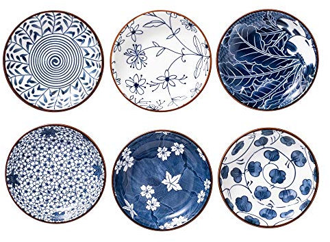 Swuut Ciotole in Ceramica Giapponese, Piatti Laterali Da, Piatti per Salsa, Sushi, Snack e Soia,Mini Ciotole da 3 once Blu e Bianche per La Preparazione Della Cucina - Set di 6 (10 cm)