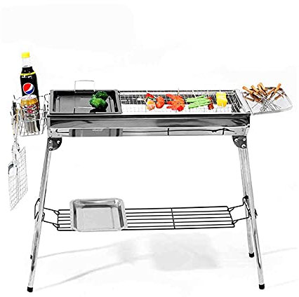 MYAOU Rechteckiger Edelstahl-Grill Grill Tragbarer Holzkohlegrill für den Außenbereich - Silber