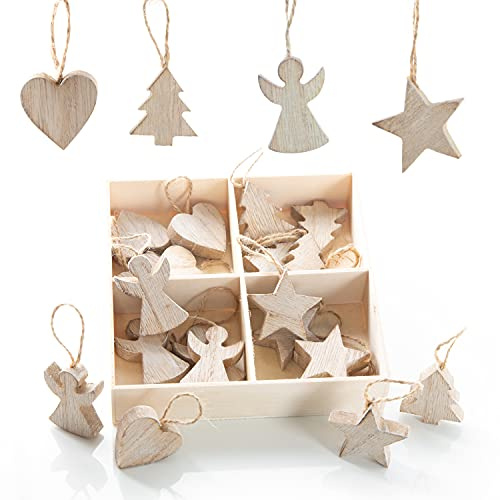 Holzanhänger Weihnachten, 24er Set: Weihnachtsanhänger Holz Stern, Tannenbaum, Engel & Herz, Anhänger Baum, Zweige & Geschenke, Weihnachtliche Deko Klein, Baumschmuck, 3,5–4,5 cm