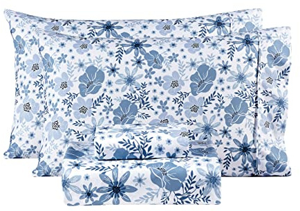 Mooreeke Queen Size Sheets Set - 4 Piece Soft Breathable Microfiber Bed Sheet Set - Blue & White Flower Pattern Sheet Set Queen - Deep Pocket Non-Slip Floral Fitted Sheet Included for All Season