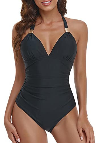 Maillots de Bain Une Pièce pour Femme, Col en V, 1 Pièce Elégant Amincissante Monokini Maillot,Coussinets Coupe Intérieure Inamovible Le Contrôle du Ventre Push Up Maillots de Bain Dos Nu (Noir, XL)