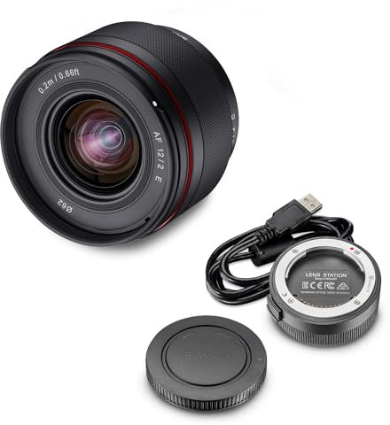 Samyang AF 12mm F2.0 E Objektiv + Lens-Station für Sony E - Autofokus APS-C Weitwinkel Festbrennweite Objektiv für Sony E Mount APSC, für Sony Kameras, Schwarz