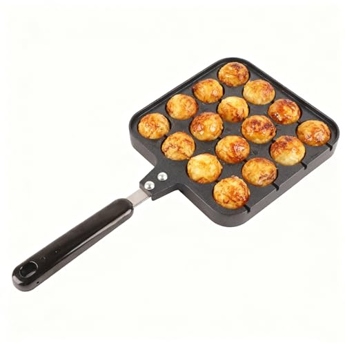 Natudeco 16 Hole Takoyaki Pan Octopus Ball Maker Cast Iron Skillet Nonstick Takoyaki Grill Cooking Mould Tray Kitchen Accessories for Baking Octopus Ball Egg Puffs