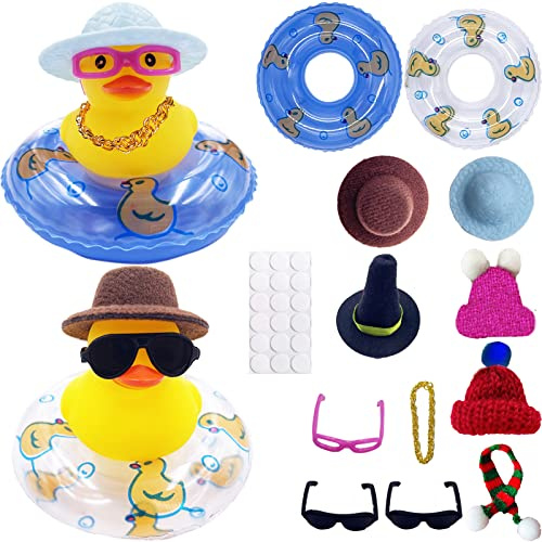 2PCS Car Rubber Duck Decoration Dashboard Yellow Duck with Hat Sunglasses Gold Chain Donut Scarf for Bath Toys Baby Shower Toy Car Office Bedroom Ornaments