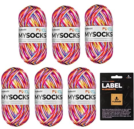 myboshi mysocks Pixel, 6-fädige Sockenwolle, strapazierfähig, Garn, inkl. original myboshi Label in Lederoptik aus Schurwolle, filzfrei, 150g, Ll 390m Rot (Nova) 6 Knäuel