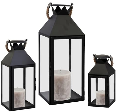 INDA-Exclusiv 3er Set XXL Gartenlaterne Metall Windlicht Laternen Kerzenhalter Set Höhe 25/40/51cm mit Seilgriff, Farben:Schwarz