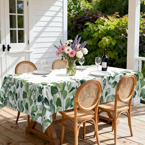 iEvery Tischdecke Abwaschbar, Eukalyptus Gartentischdecke Wetterfest Floral Table Cloth für Draußen Polyester Tischdecke Rechteckig Waterproof für Outdoor Gartentisch Küche Garten Party 150x220 cm