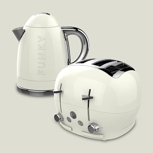 FUNKY Retro Kettle and Toaster Breakfast Set, 1.7L Easy Pour Kettle, Large Deep and Wide Toaster - Cream