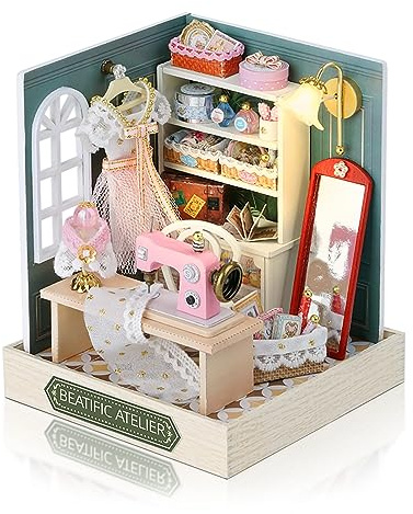 Cuteefun DIY Puppenhaus Miniatur mit Staubschutzhaube & LED Licht | Miniatur Puppenhaus zum Selber Bauen, Kreatives Handwerk & Dekoration, für Geburtstag Weihnachten (Beatific Atelier)