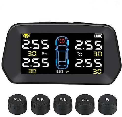 RGTTOTG Smart Solar TPMS Reifendruckkontrollsystem Werkzeuge Reifenschutz Druckmonitor USB/Solarladung 6 Alarmmodi, Auto Schlafmodus, Reifenpositionsaustausch, 5 TPMS Sensoren (0-116PSI)