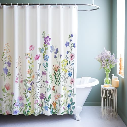 HOMEWINS Duschvorhang 180x200 cm Polyester Textil mit Muster, Waschbar und Schimmelresistant, Wasserdicht und Schnell Trocknend, Badevorhang mit 12 Duschvorhangringe - Bunte Blumen