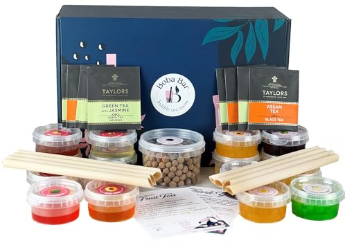 BOBA BAR Tropical Treasures Fruit Bubble Tea Kit (Serves 8 x 500 Ml Drinks) - Fruit Tea Flavours, Popping Boba & Jelly Toppings | Vegan & Gluten-Free | Tapioca Pearls & Tea Bags