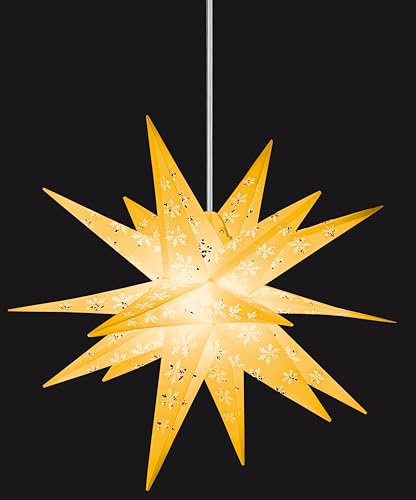 DecoTrend GmbH Dekostern | Weihnachtsstern mit Schneeflocken-Design | 18-Zacker | Gelb | 55cm | Außen | LED | Netzstecker