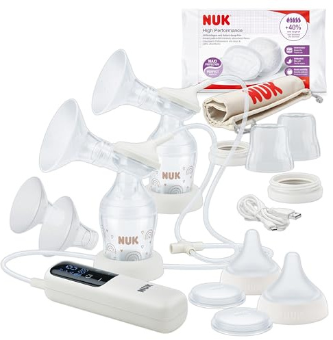 NUK Soft & Easy - Pompa elettrica doppia per latte | con batteria e inserti morbidi sul seno | incl. biberon NUK Perfect Match da 150 ml | 1 pezzo