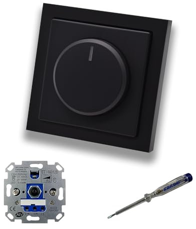 REV Ritter LED Drehdimmer LED-Dimmer mit Busch Jäger Dimmerscheibe Zentralplatte 6540-84-102 Einfachrahmen in Future Linear schwarz matt + EBROM Phasenprüfer z. Montage des Dimmers ET1 66012B